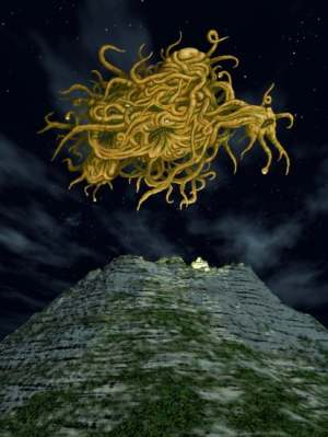 Yog-Sothoth An illustration of Yog-Sothoth above a pyramidal mountain.